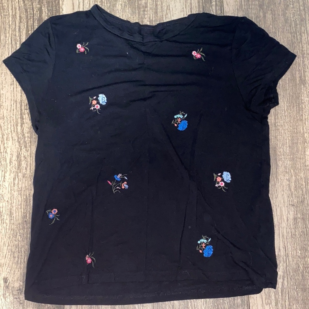 Floral Embroidered Black Soft Tee